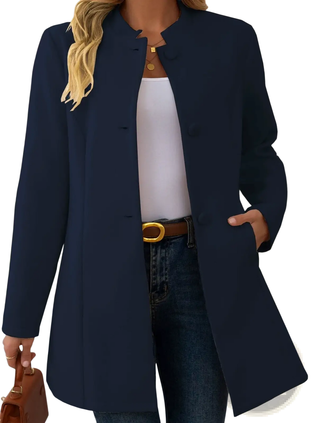 Cream wool blend coat with navy blue mandarin collar blazer style and front button closure outerwear for formal use