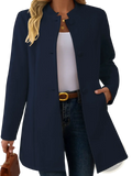 Cream wool blend coat with navy blue mandarin collar blazer style and front button closure outerwear for formal use