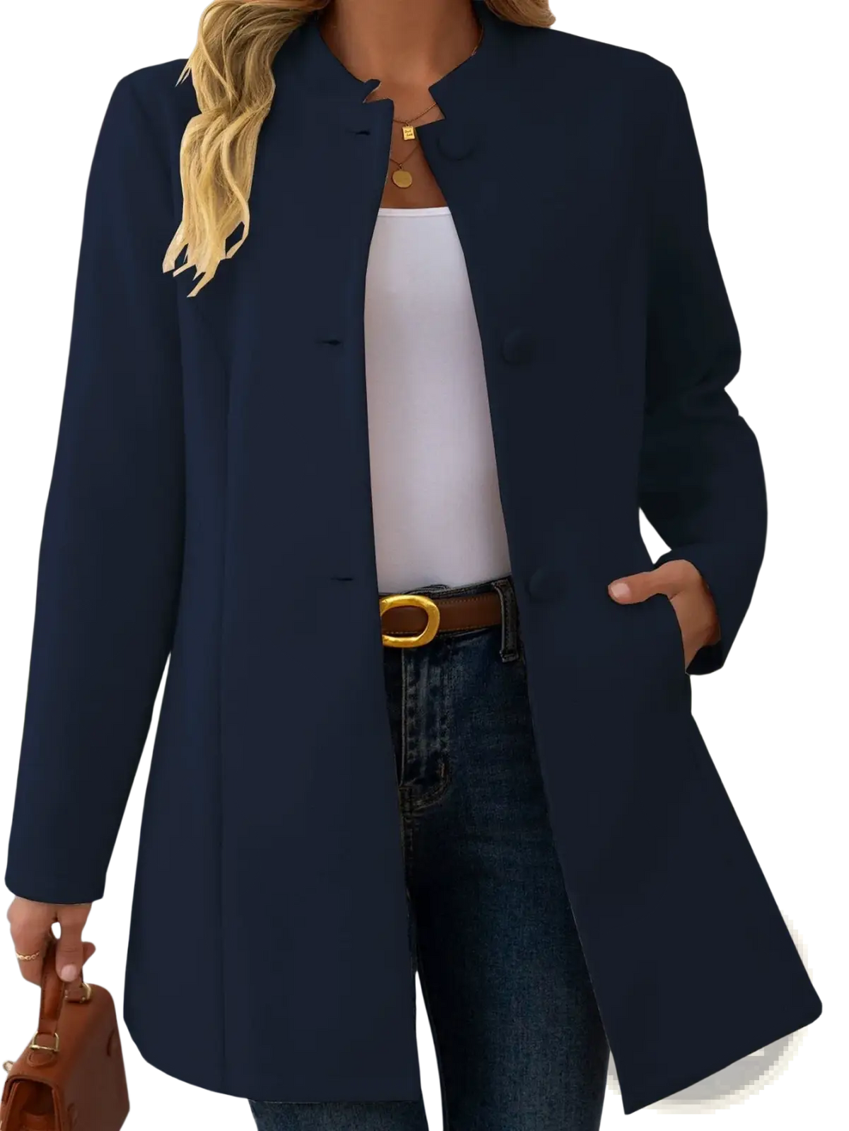 Cream wool blend coat with navy blue mandarin collar blazer style and front button closure outerwear for formal use