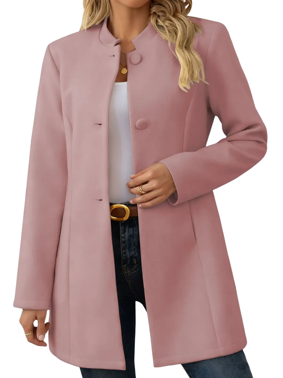 A soft pink cream wool blend coat with mandarin collar long sleeves and front button closure outerwear