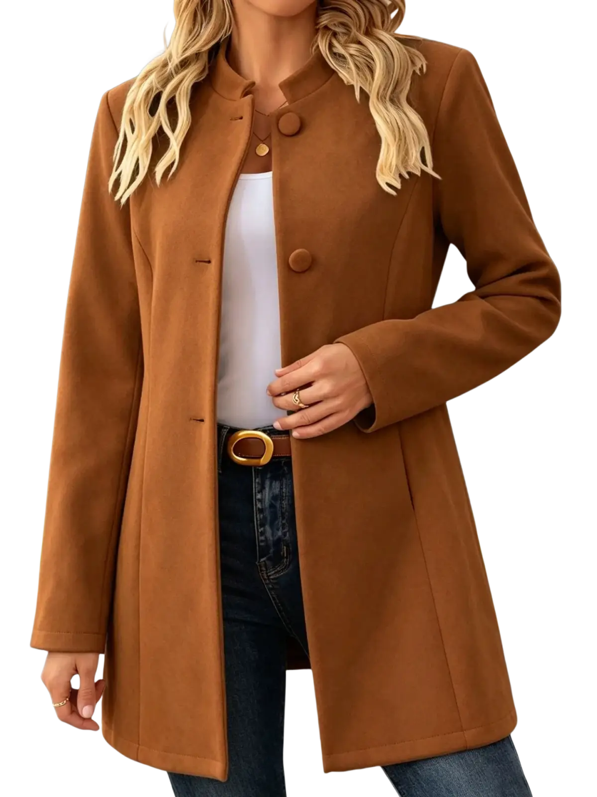 A stylish camel-colored wool blend coat with a classic collar and three matching buttons for outerwear