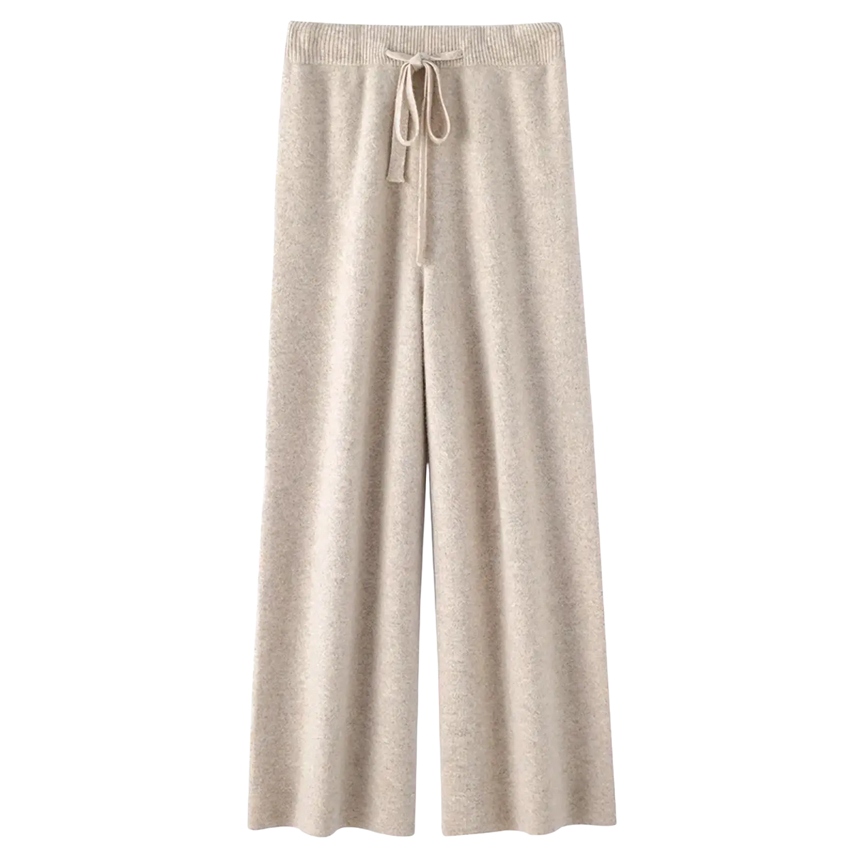 Cream wool wide leg knit pants in beige with a subtle textured pattern and elastic waistband with matching drawstring