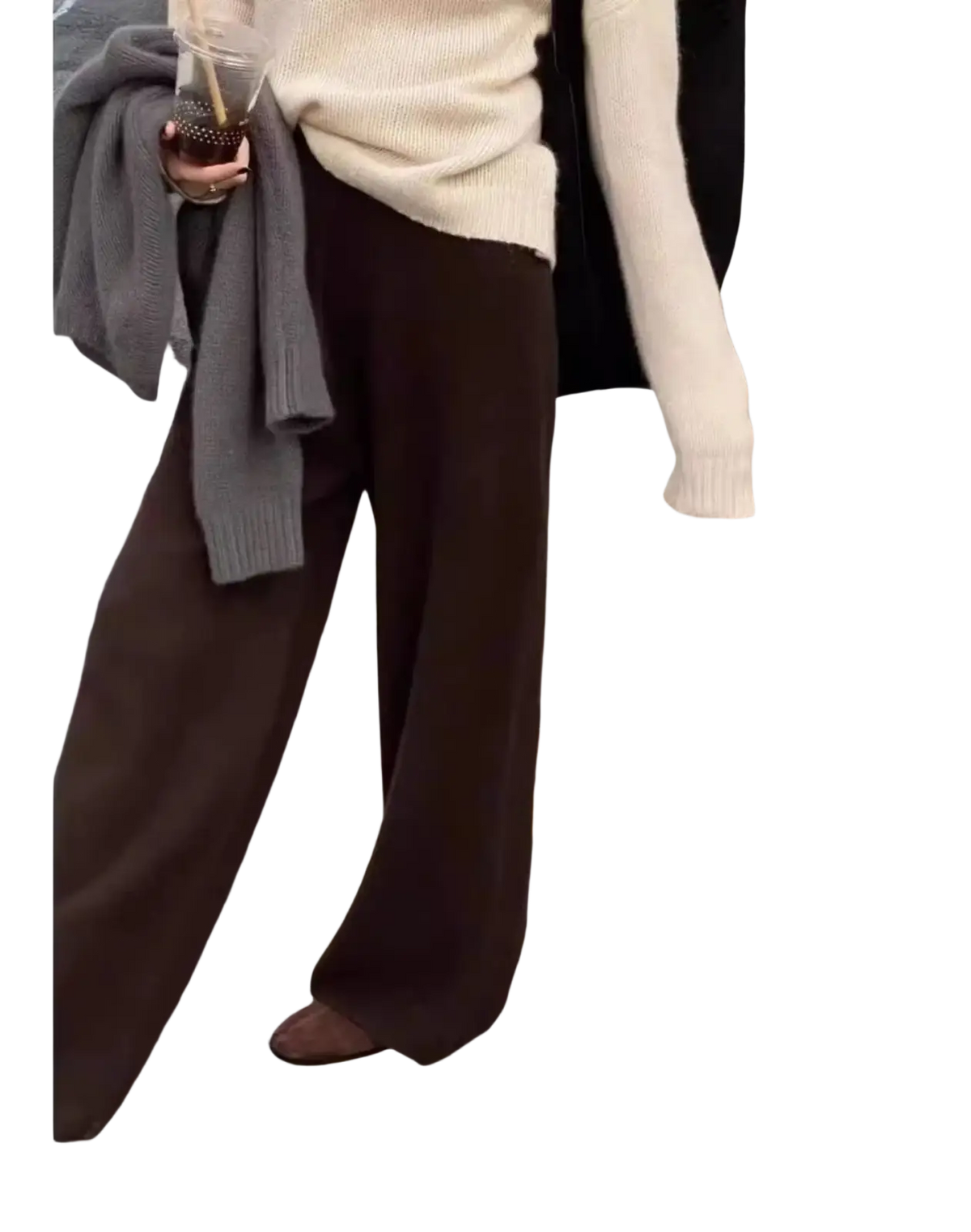 Wide-leg brown knit trousers made from cream wool showcasing a comfortable and stylish design