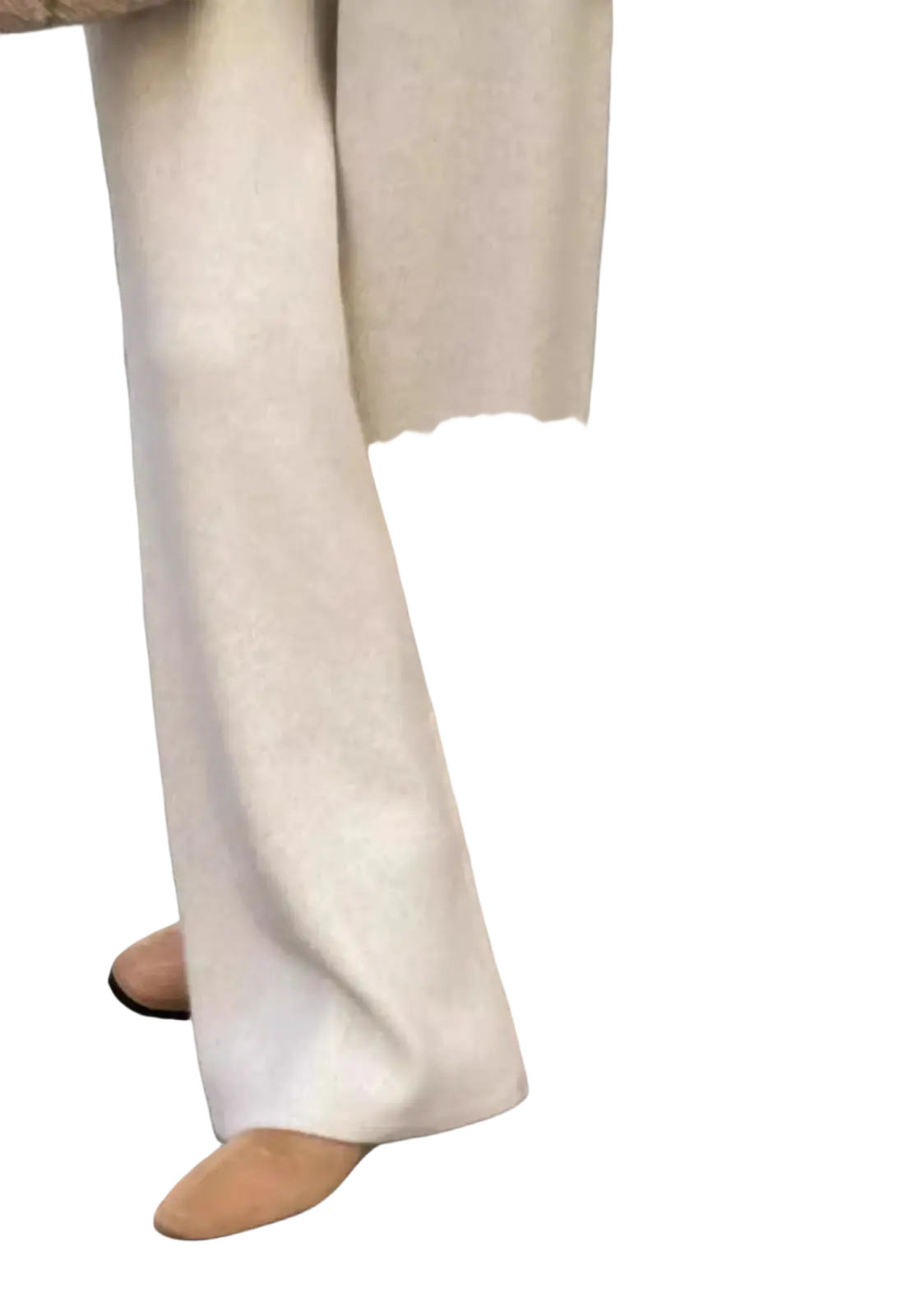 Cream wool wide leg knit pants in cream color with soft textured fabric and clean straight-cut hemline