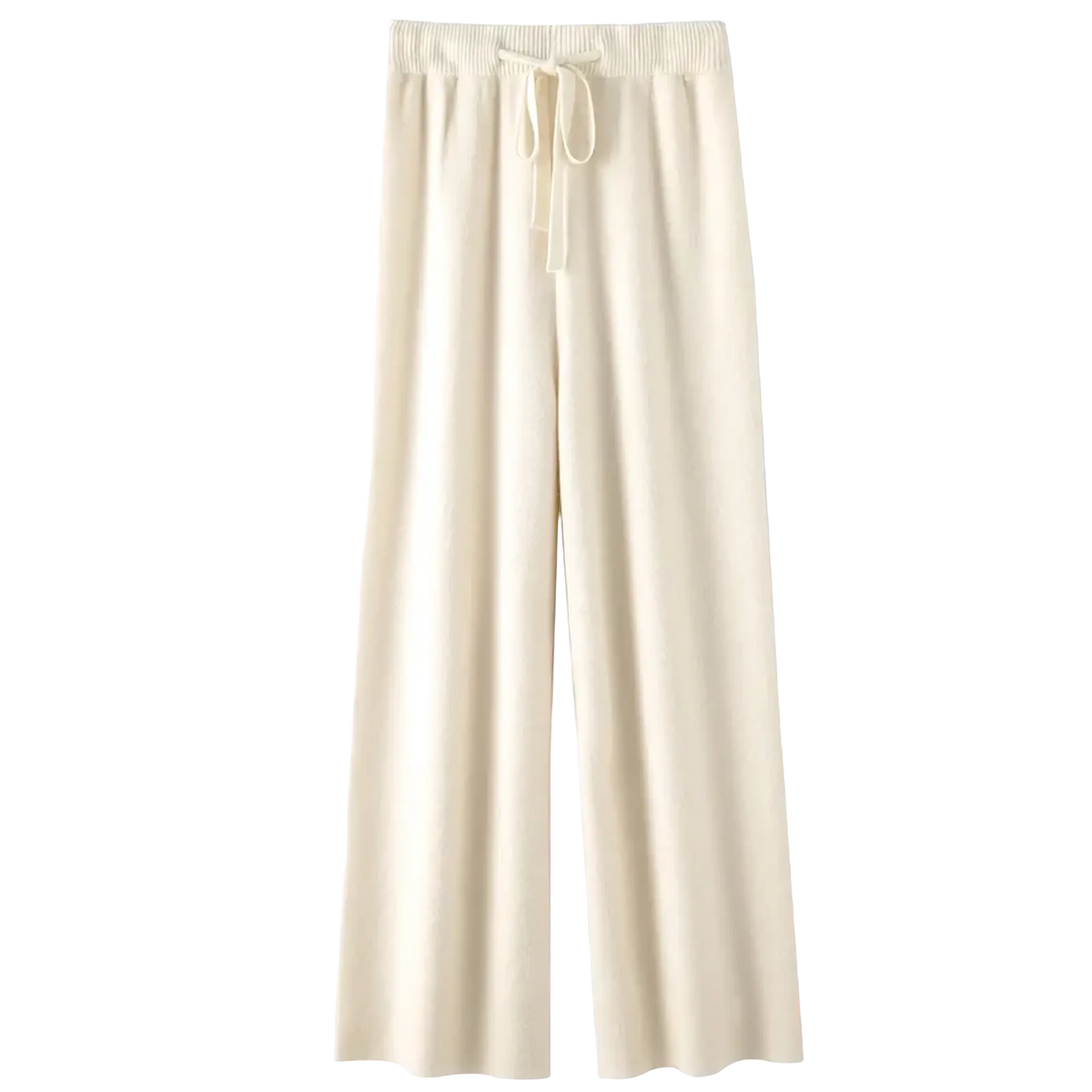 Cream wool wide leg knit pants in cream with elastic waistband and matching drawstring for comfortable fit