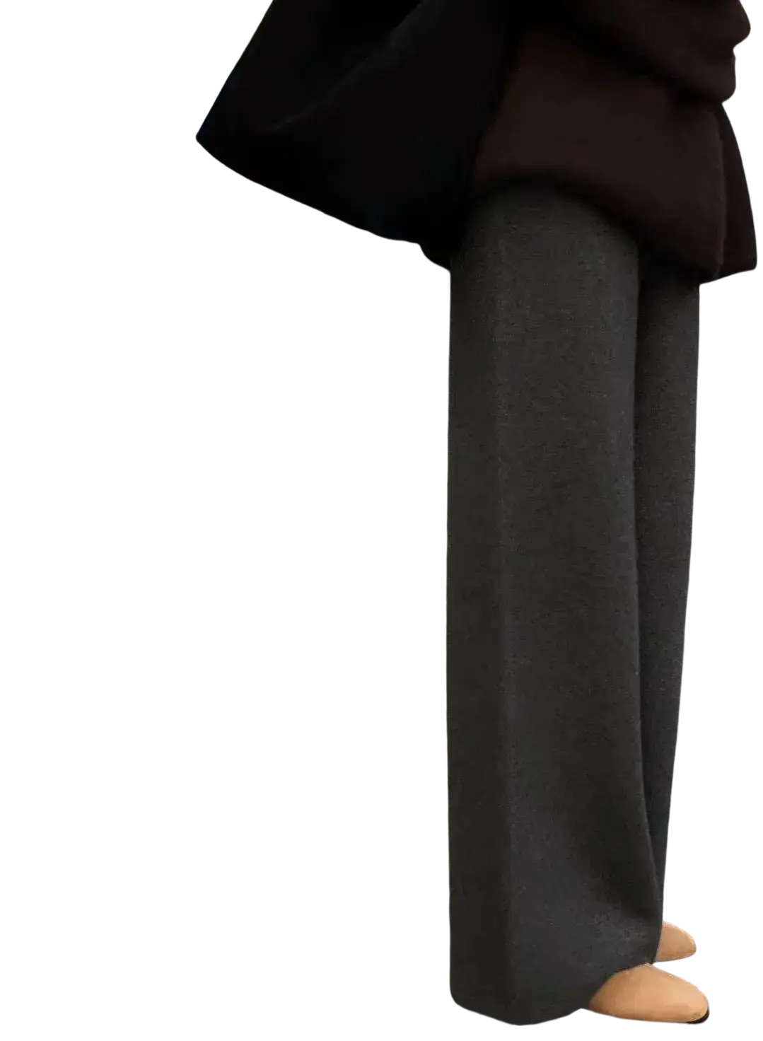 Dark gray wide leg tailored trousers made from smooth fabric complement cream wool wide leg knit pants collection