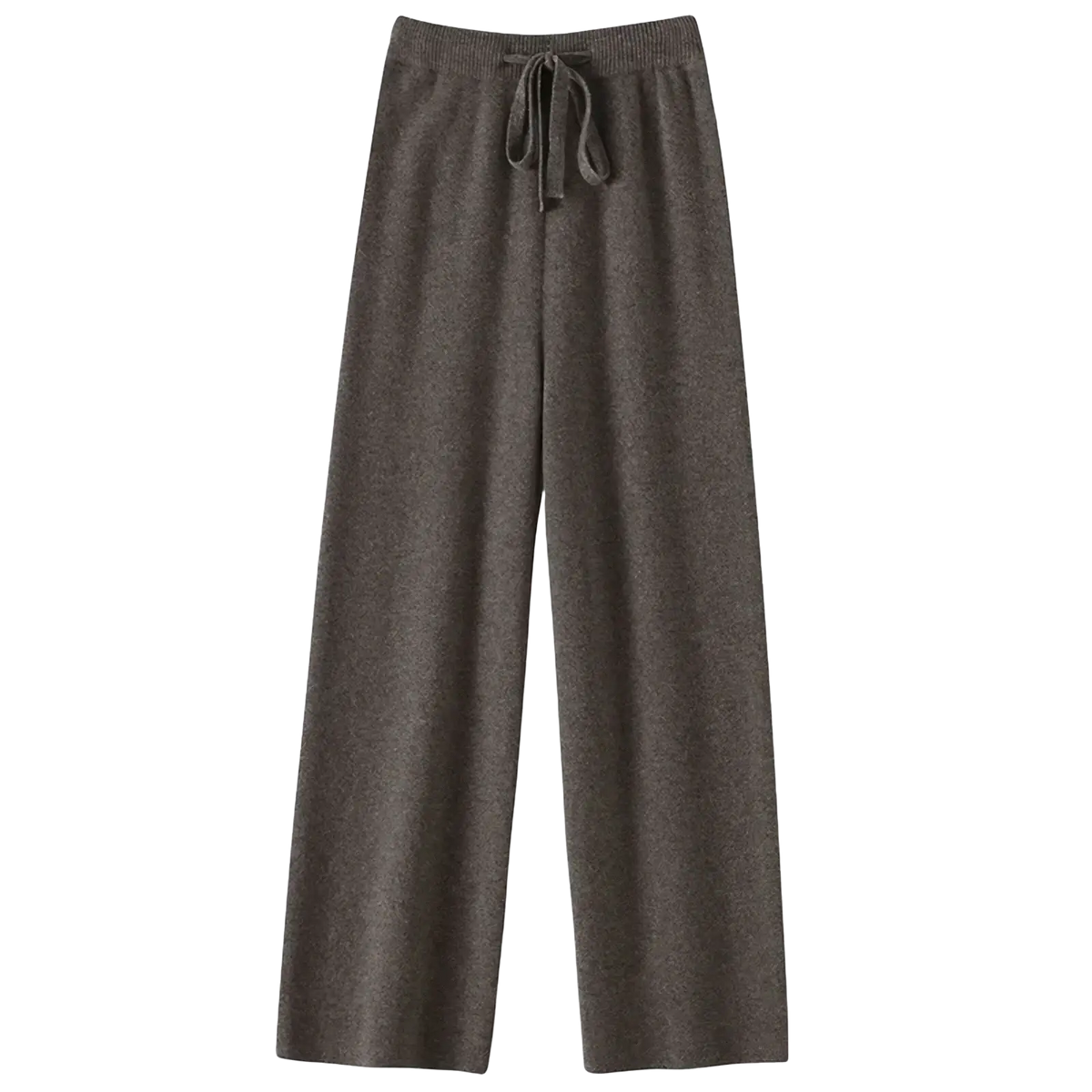 Cream wool wide leg knit pants in soft gray with a drawstring waistband and wide legs for comfortable wear