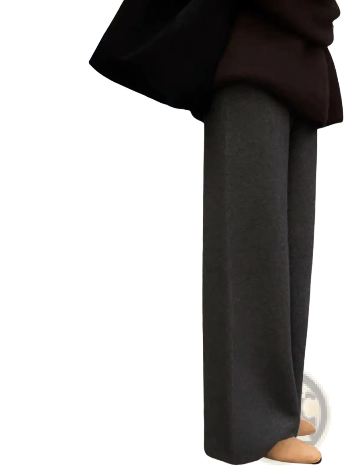 Dark gray wide leg tailored trousers made from smooth fabric complement cream wool wide leg knit pants collection
