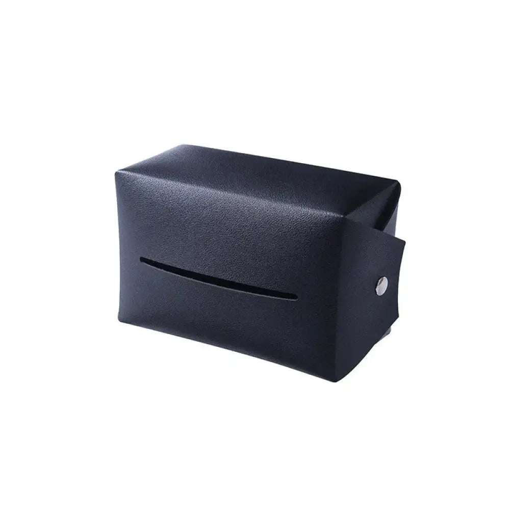 Premium cartoon leather car headrest tissue box and organizer in black leather with sleek rectangular design and silver button accent