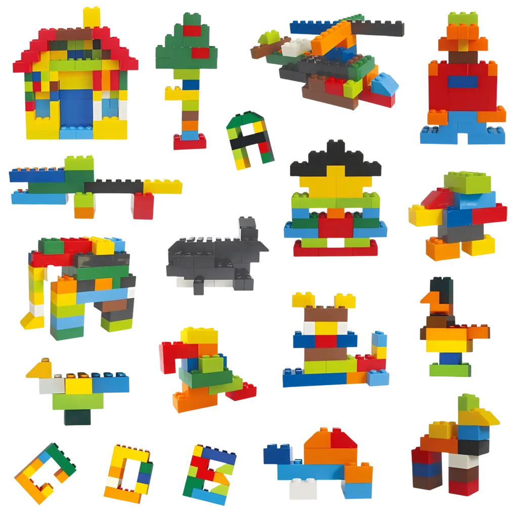 Colorful plastic diy creative building blocks assembled into playful animal vehicles and buildings for kids creative building blocks