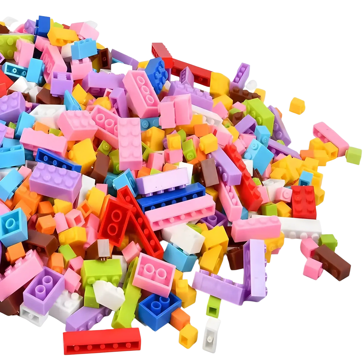 A vibrant pile of assorted colorful plastic creative building blocks for diy creative building and kids play