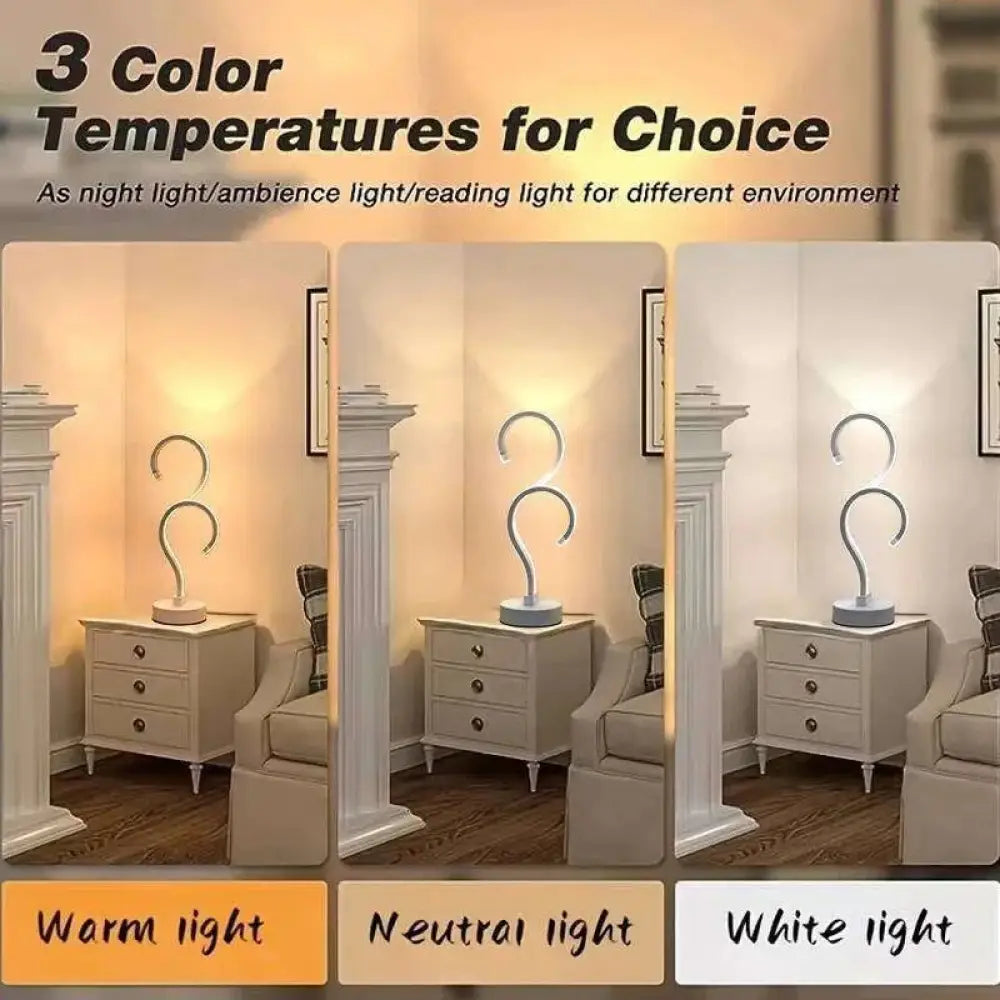 Modern question mark led desk lamp with sleek curved metallic design and adjustable base with three color modes