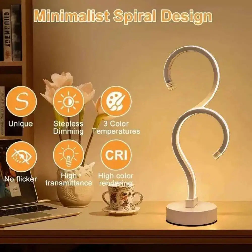 Minimalist modern question mark led desk lamp with sleek silver metallic finish and smooth curved spiral design