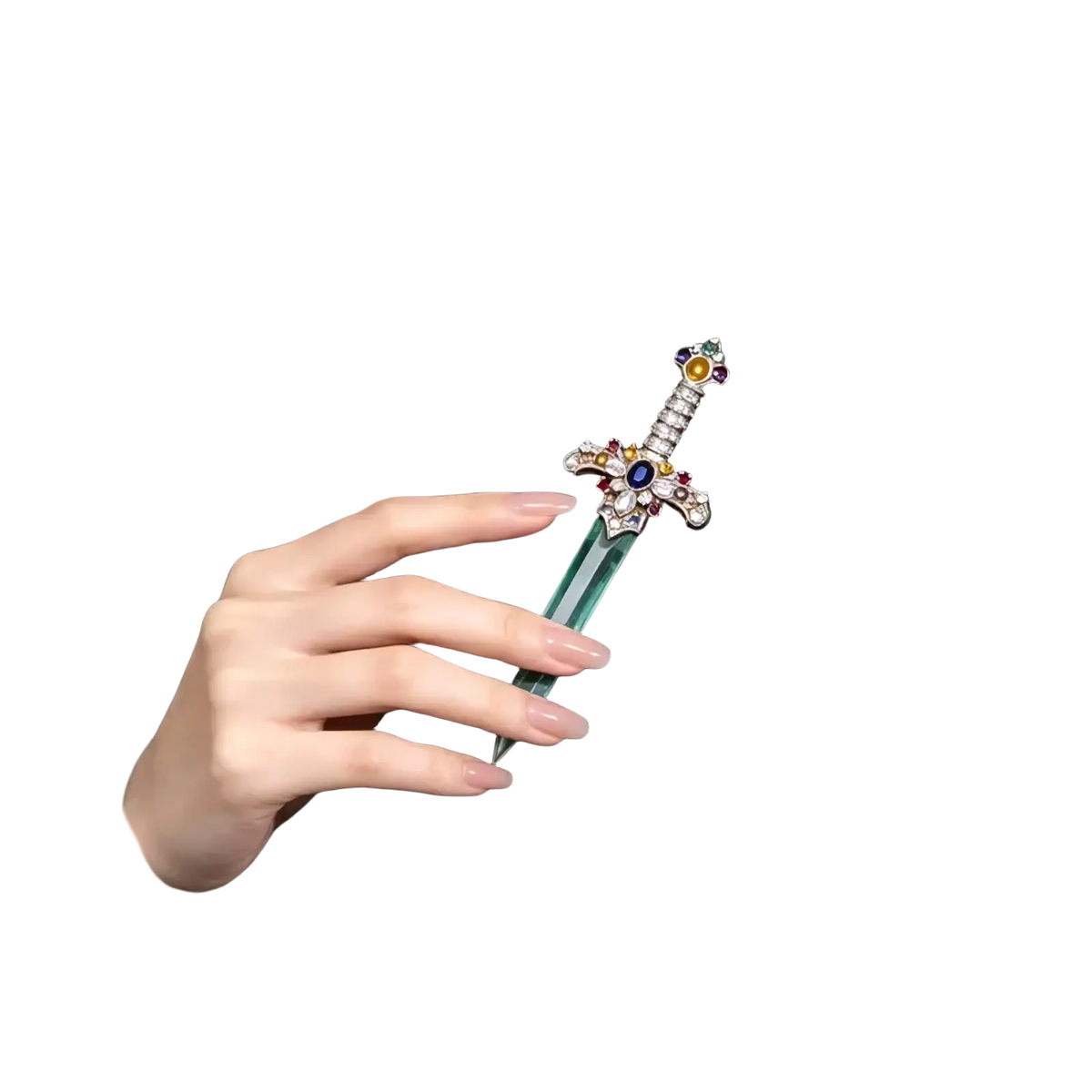 A sparkling sword brooch lapel pin with a green crystal blade and a silver handle adorned with colorful gemstones