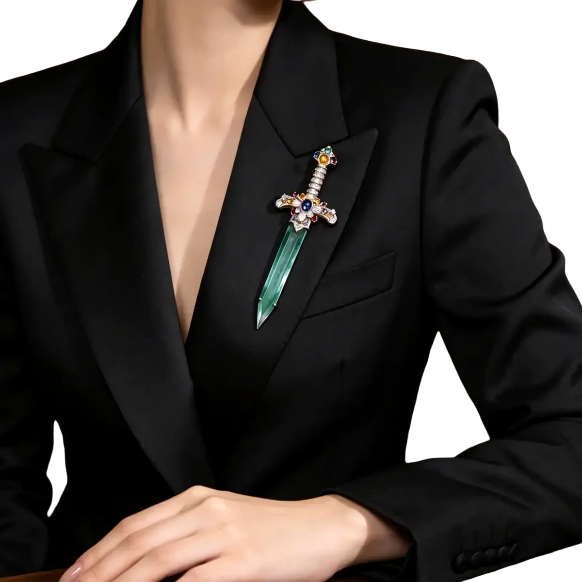 A sparkling emerald-green sword brooch with multicolored gemstones set in gold-tone metal on a black suit lapel