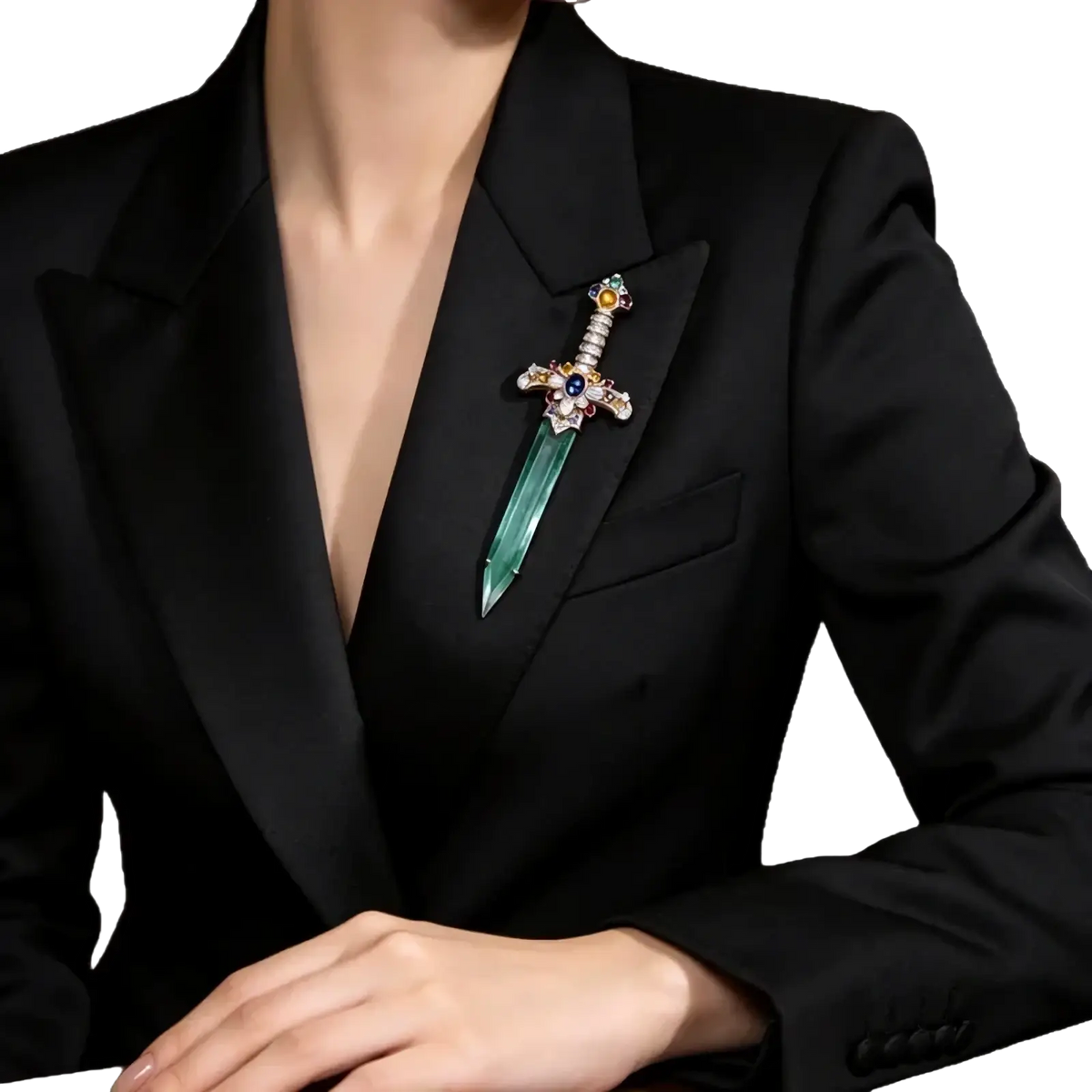 A sparkling emerald-green sword brooch with multicolored gemstones and silver-toned hilt pinned on a black suit lapel