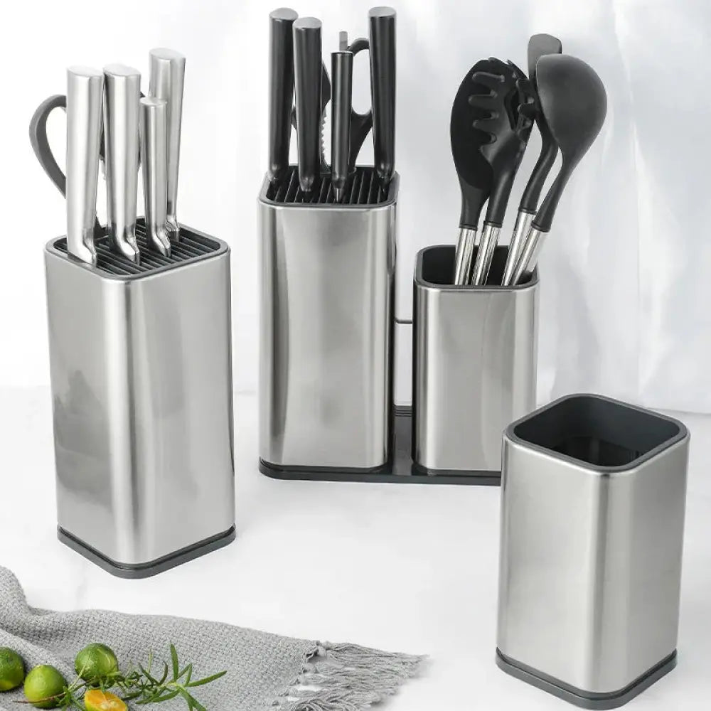 Modern stainless steel universal knife and utensil holder with black handle silicone spatulas for kitchen organization