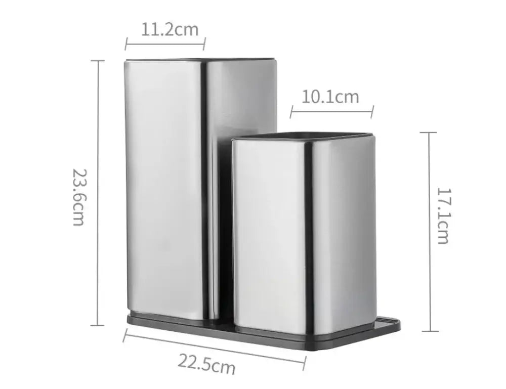 Set of two modern stainless steel universal knife and utensil holders with sleek rectangular design and black base