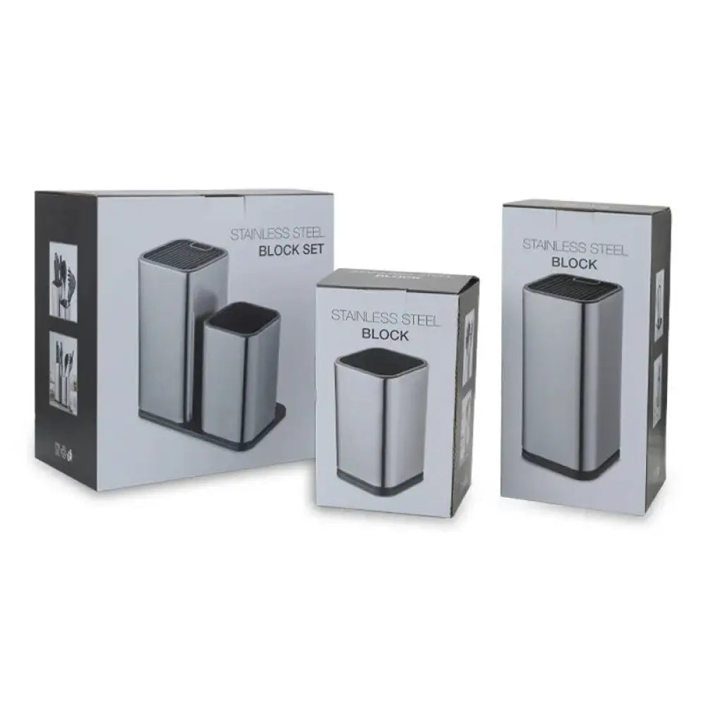 Modern stainless steel universal knife and utensil holder with sleek brushed metallic finish for kitchen organization