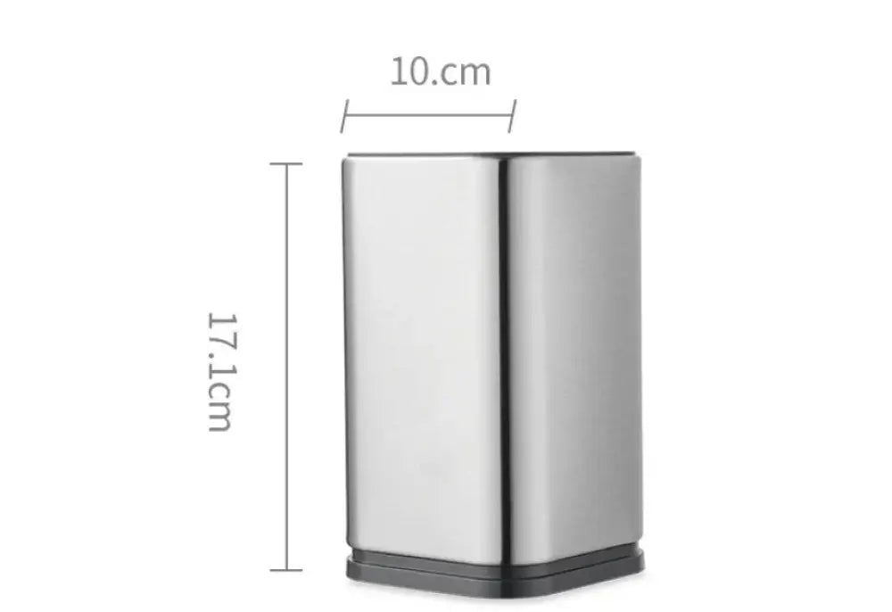 A sleek rectangular stainless steel knife and utensil holder with a black base measuring 10 cm wide by 17.1 cm tall