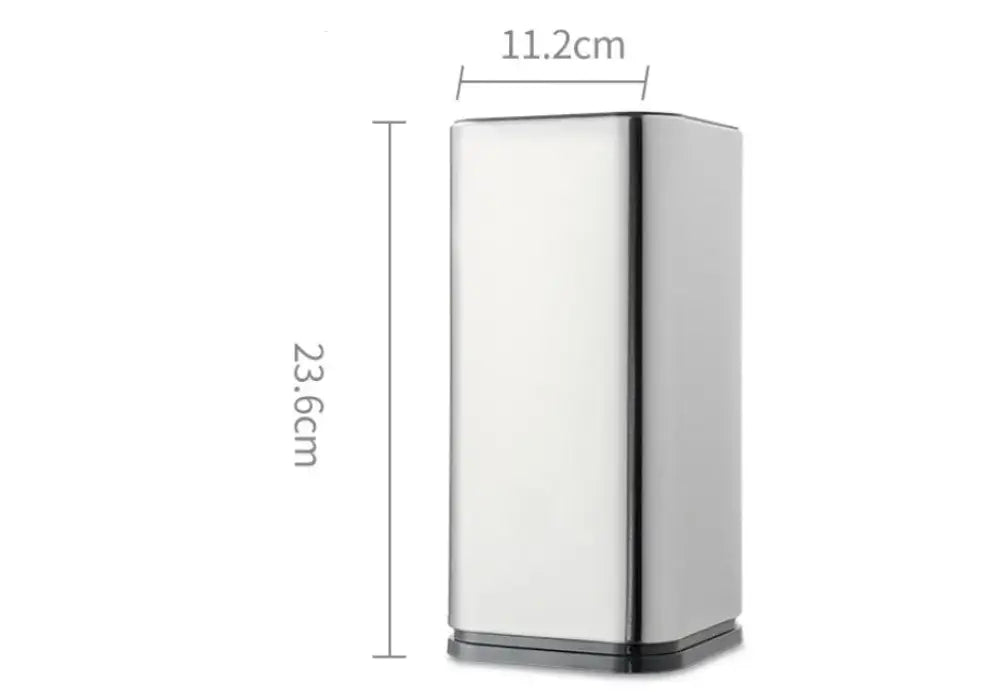 A sleek stainless steel modern rectangular trash can with black base for universal knife and utensil storage