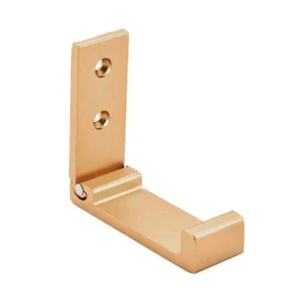 Gold-colored foldable aluminum alloy l-shaped wall hook with hinged design and two mounting holes for minimalistic use