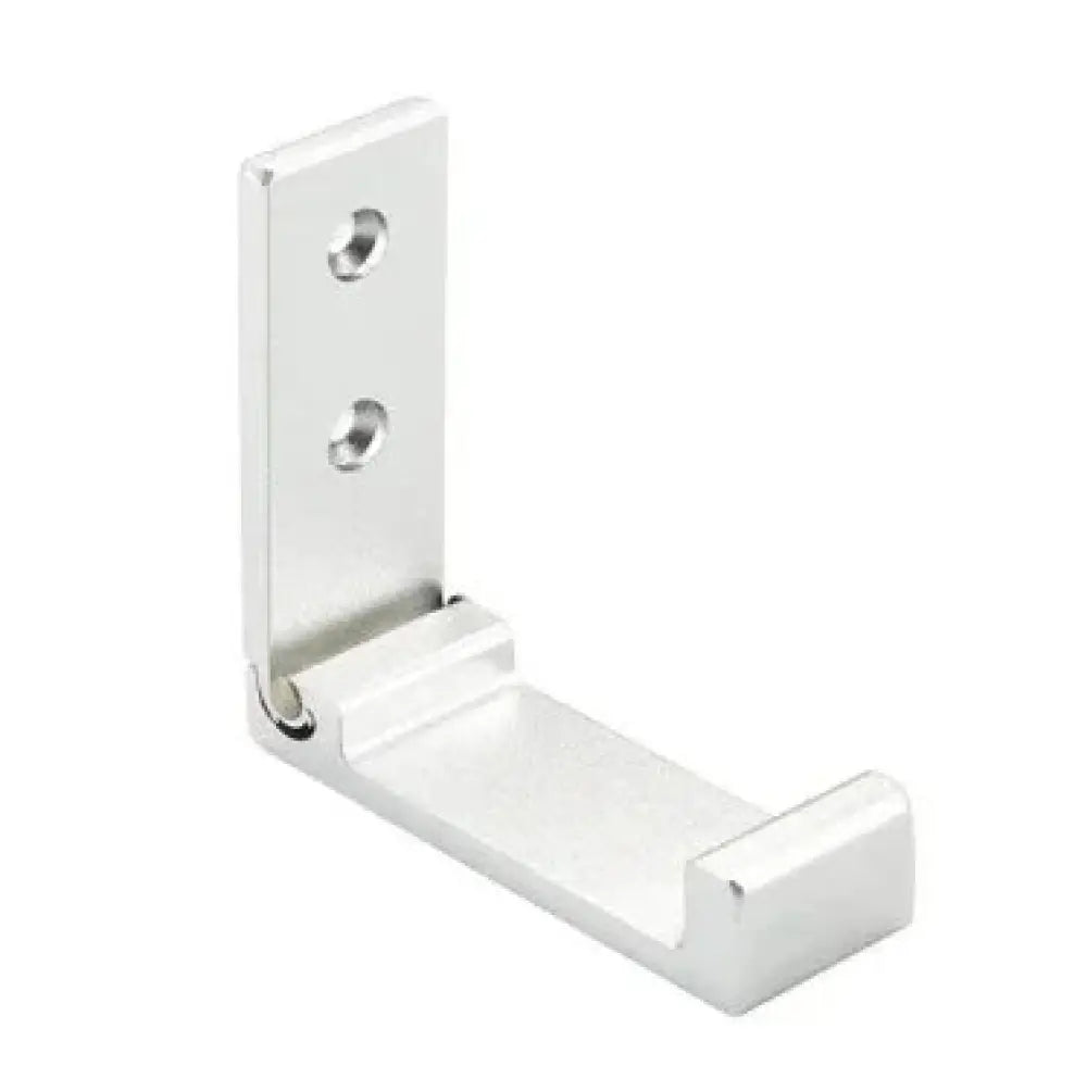Silver metallic l-shaped foldable aluminum alloy minimalist wall hook with flat mounting plate and curved hanging arm