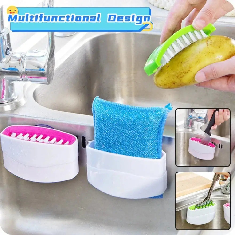 White plastic suction cup kitchen brush holder with pink and green bristle brushes for sink use