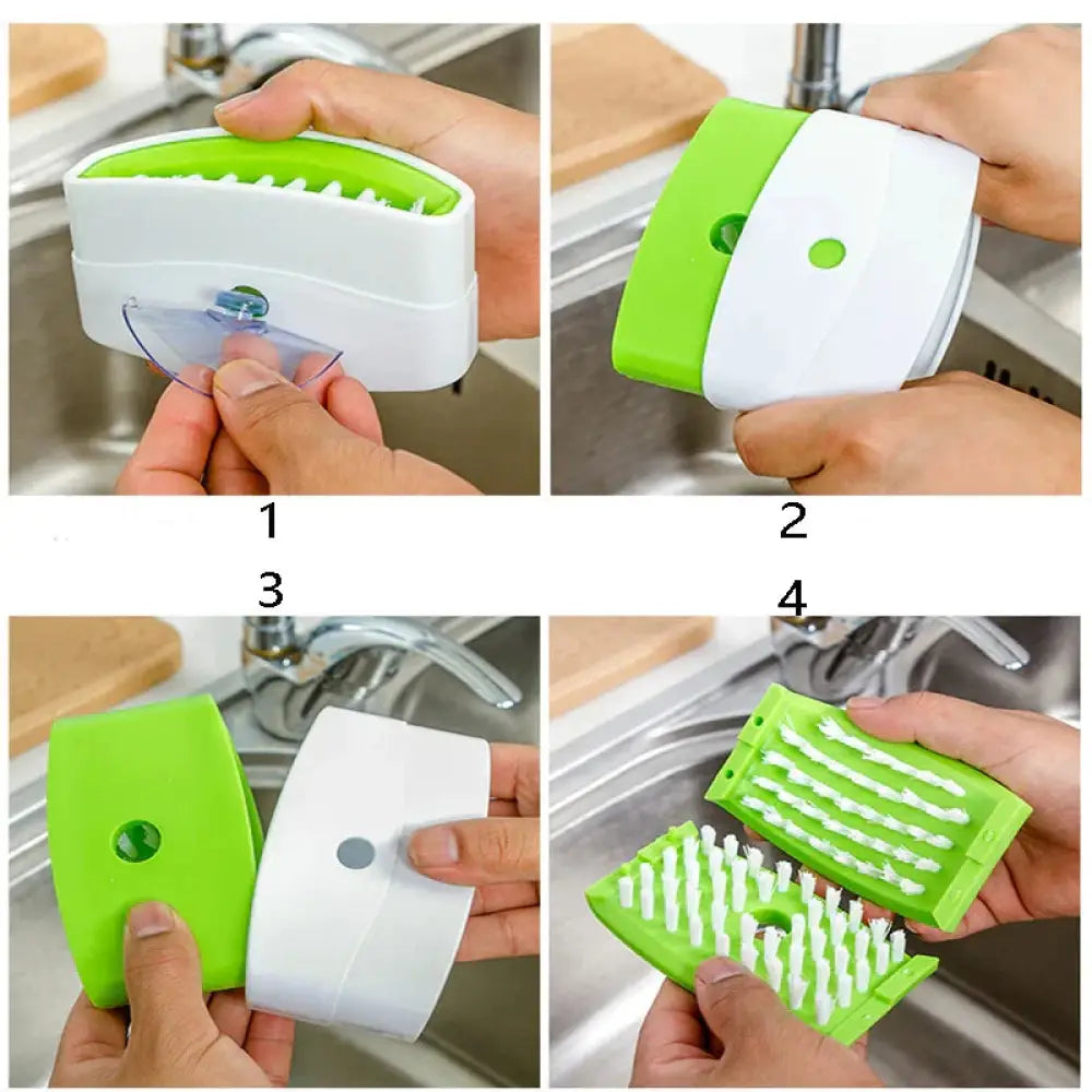 Multiuse suction cup kitchen brush with green and white flexible bristles for cleaning pots pans and sinks