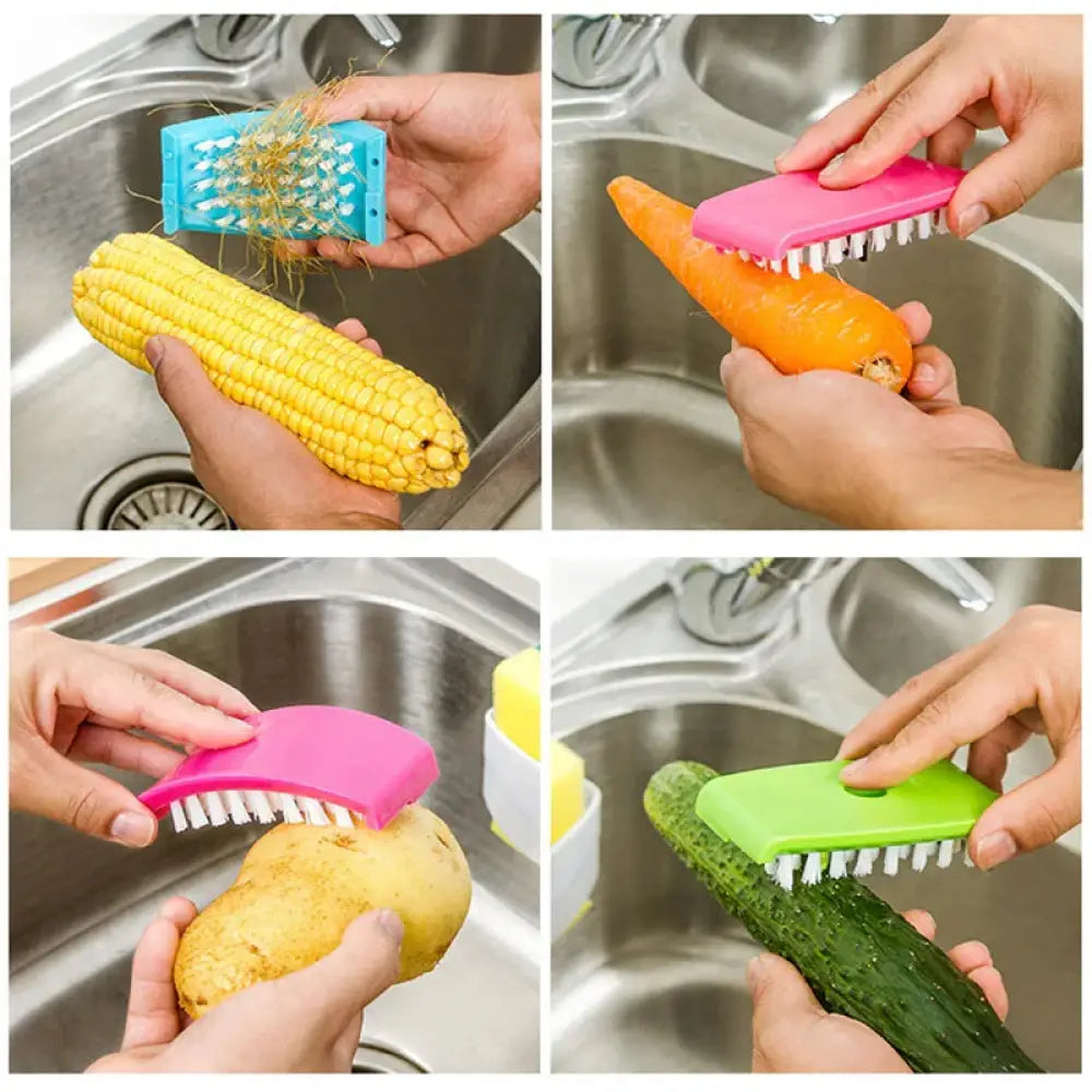 Multicolored multiuse suction cup kitchen brush and utensil scrubber with soft bristles and plastic handle