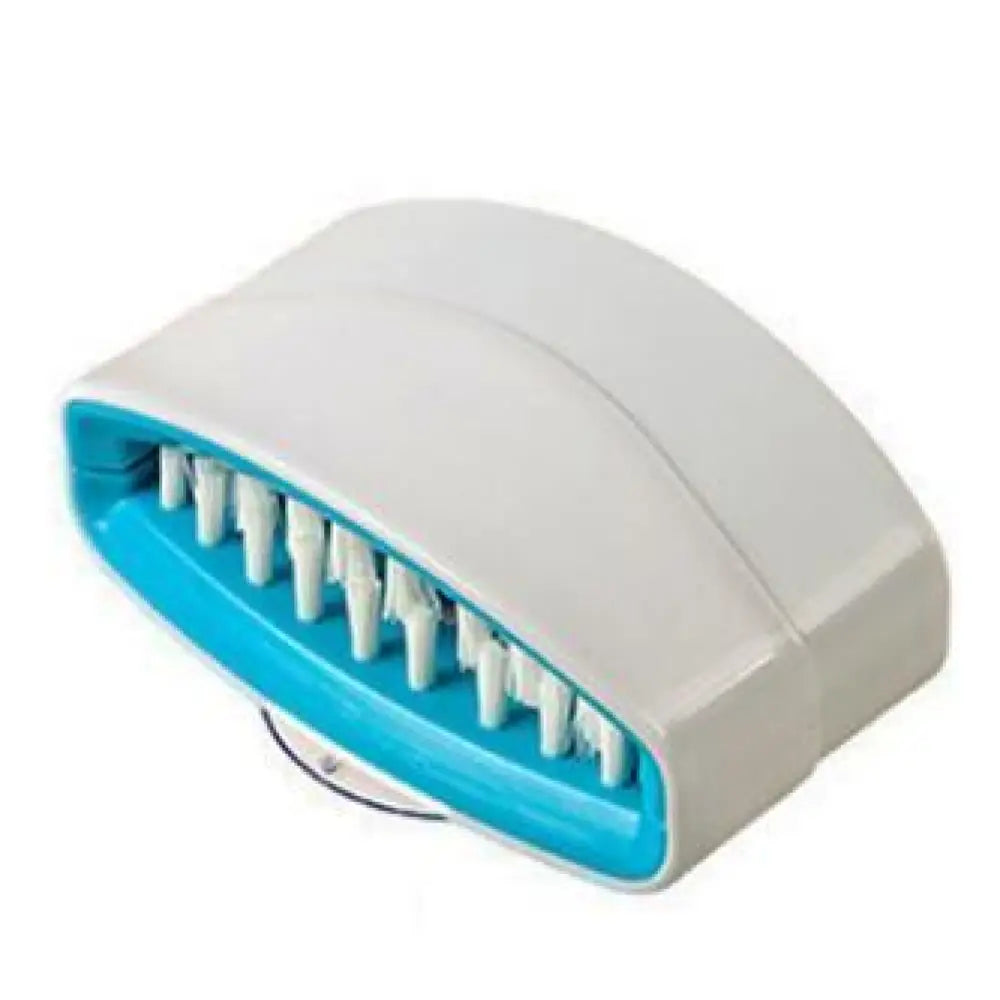 A sleek multiuse suction cup kitchen brush with a white and blue ergonomic plastic body and fine angled bristles