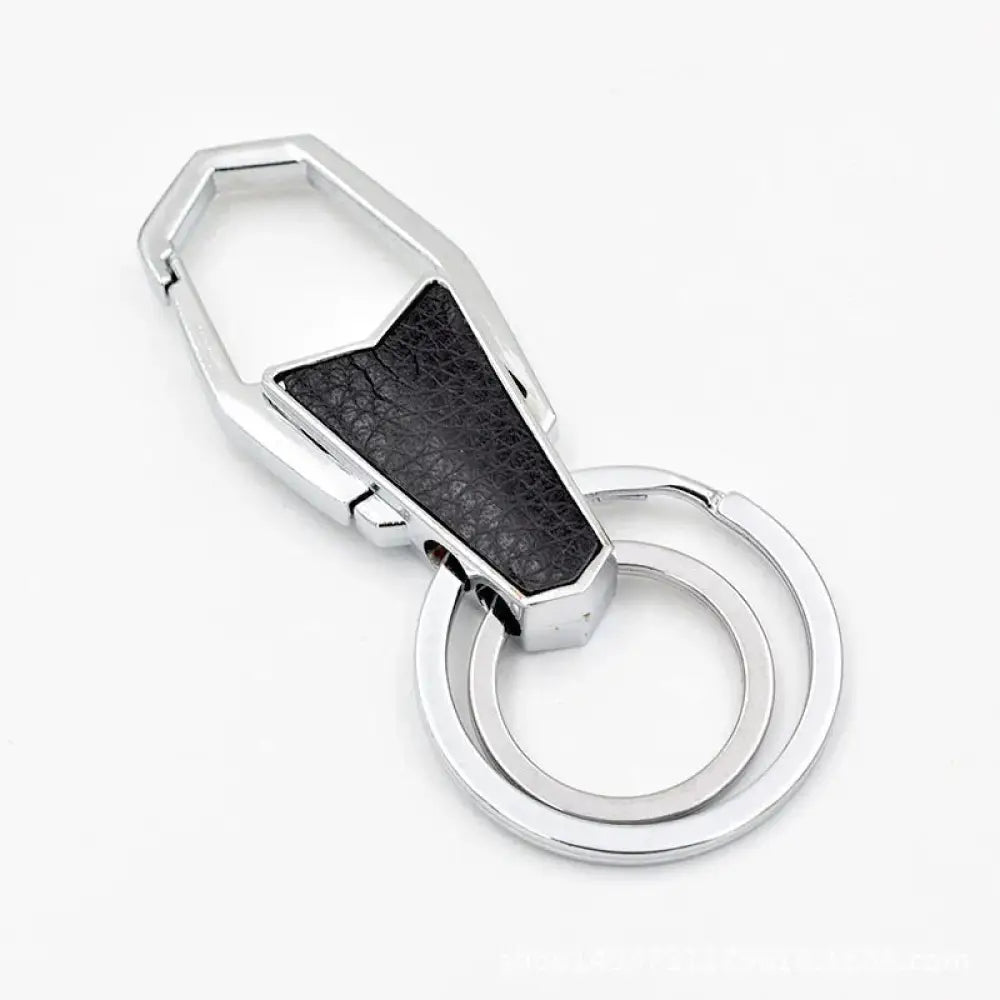 Silver and black premium leather and metal carabiner car keychain with textured leather patch