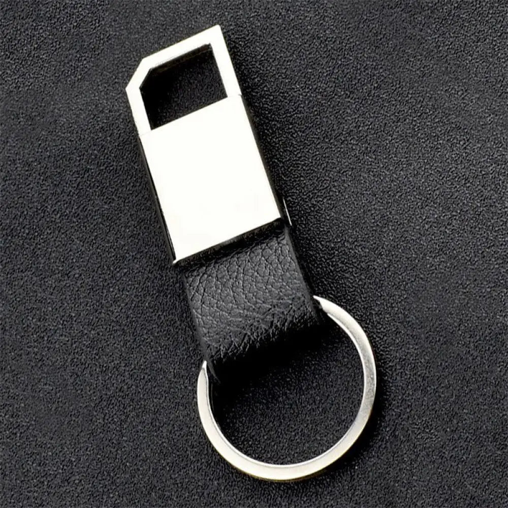 Premium leather and metal carabiner car keychain with black leather strap and silver-toned rectangular key ring