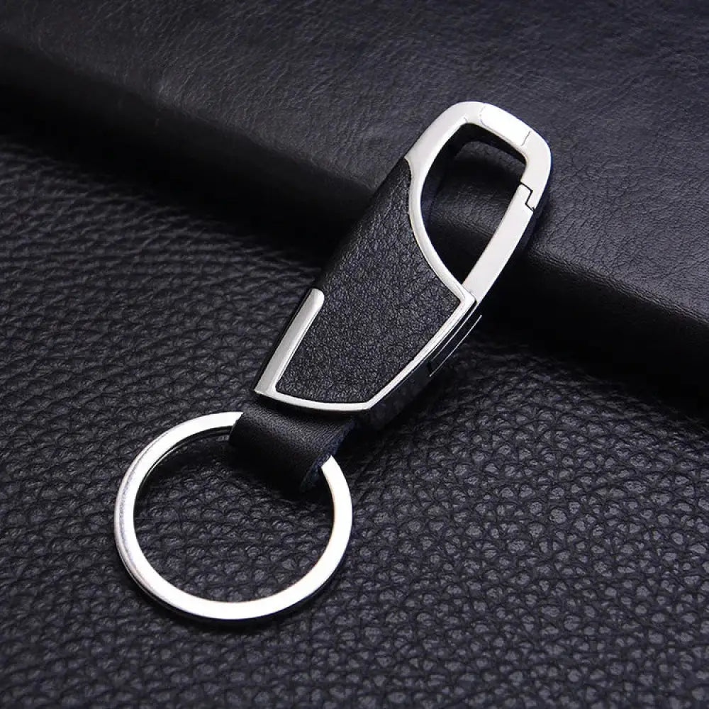Black leather premium carabiner car keychain with silver metal clasp and ring for secure key organization