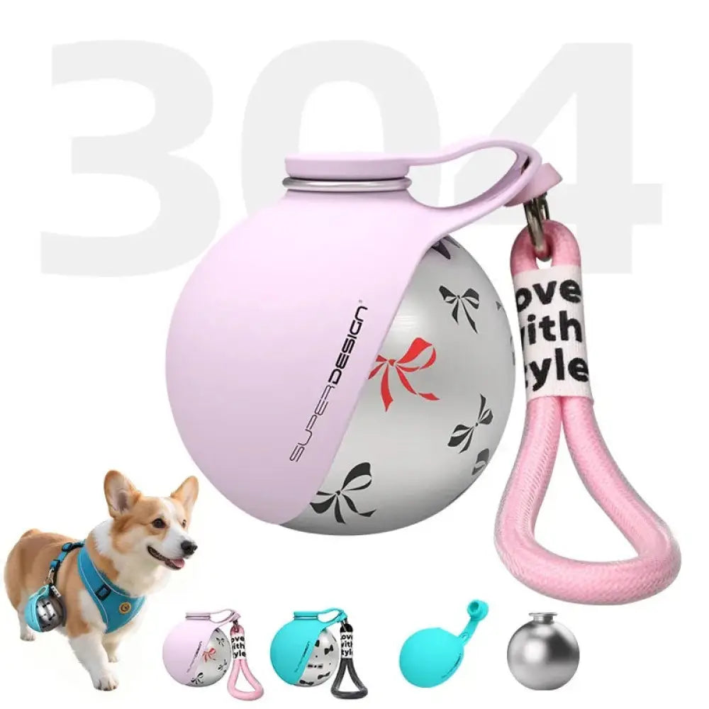 Stainless steel portable dog water bottle with travel bowl in pink and silver, featuring a soft silicone grip and black bow patterns