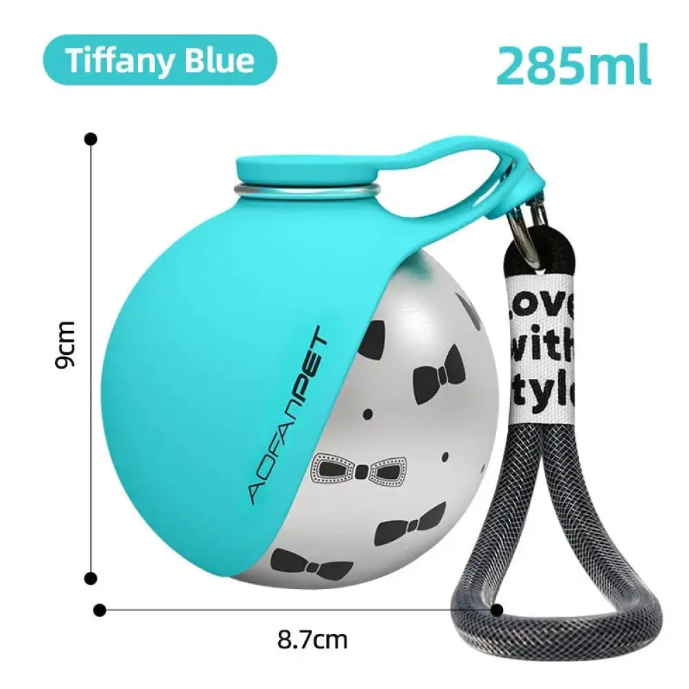 Stainless steel portable dog water bottle with travel bowl in tiffany blue silicone and white body with black bowtie patterns