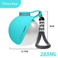 Tiffany blue stainless steel portable dog water bottle with silver metallic lid and black braided strap for travel use