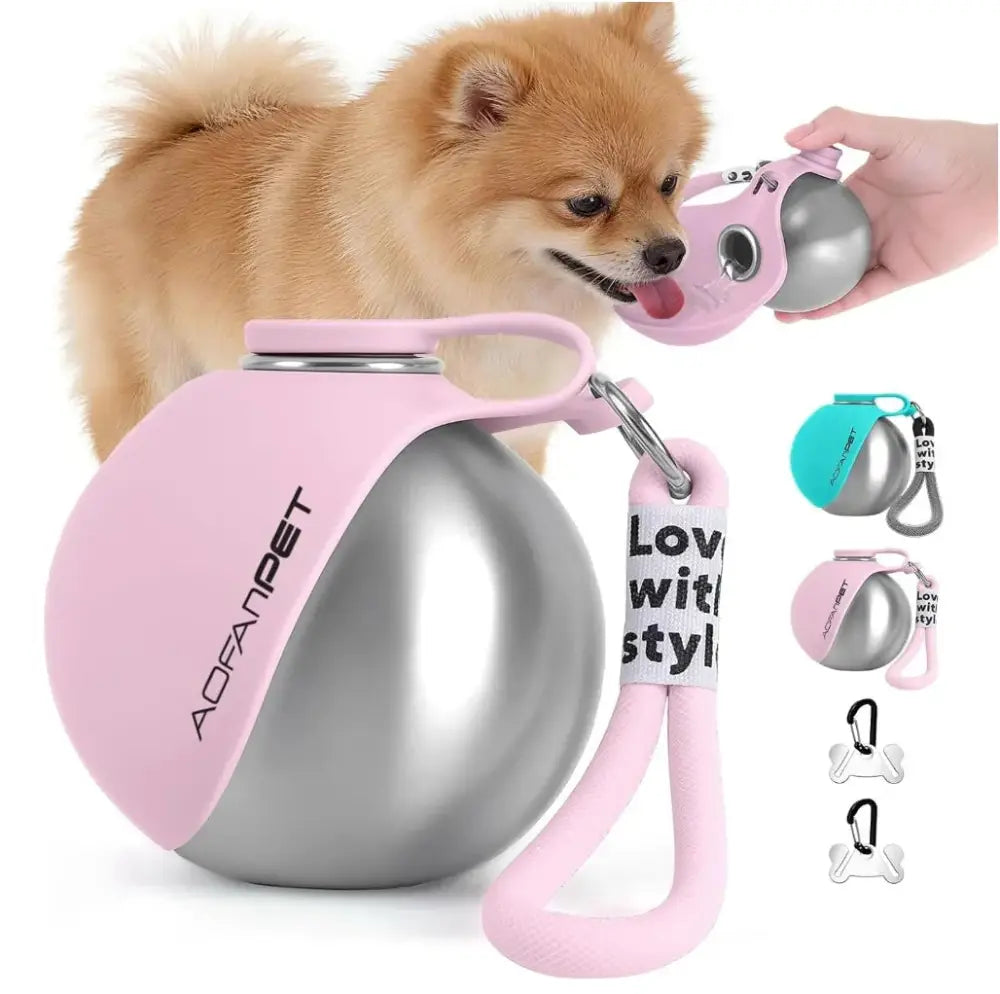 Pink and silver aofanpet pet waste bag dispenser with soft silicone handle and keychain for stainless steel portable dog water bottle with travel bowl