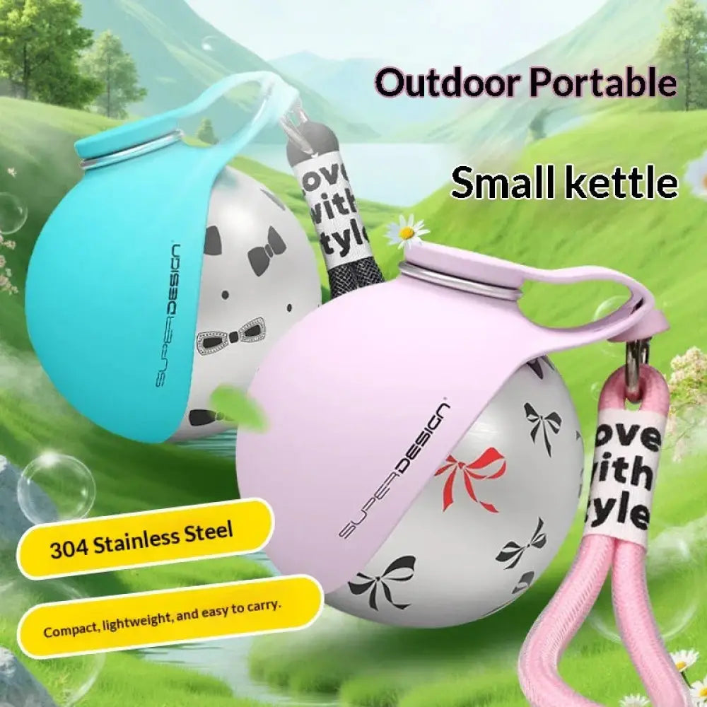 Stainless steel portable dog water bottle with travel bowl in pink and white pattern with silicone strap