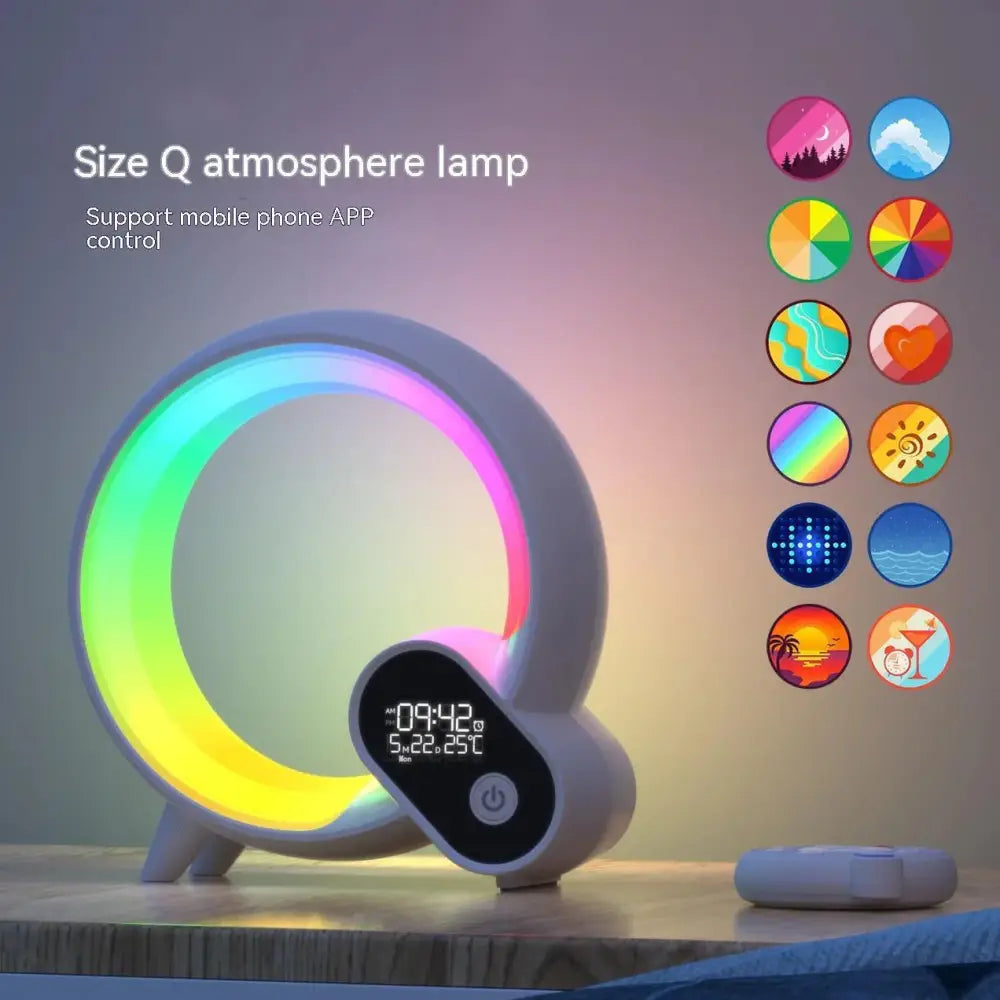 Q-light sunrise alarm clock with bluetooth speaker featuring a sleek circular ring glowing vibrant rainbow colors with digital time and temperature display