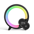Black circular led q-light sunrise alarm clock with digital time temperature display and rainbow light spectrum edge