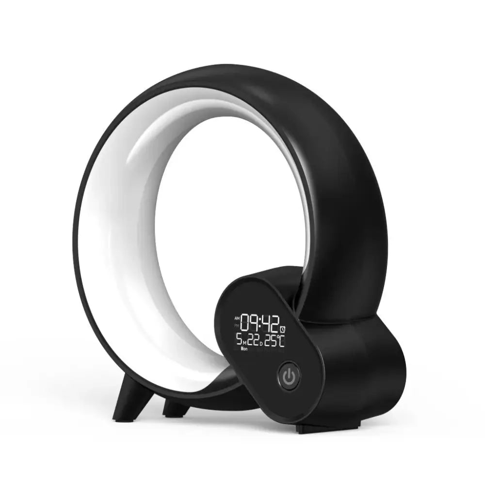 Black circular led q-light sunrise alarm clock with bluetooth speaker displaying time date and temperature digitally
