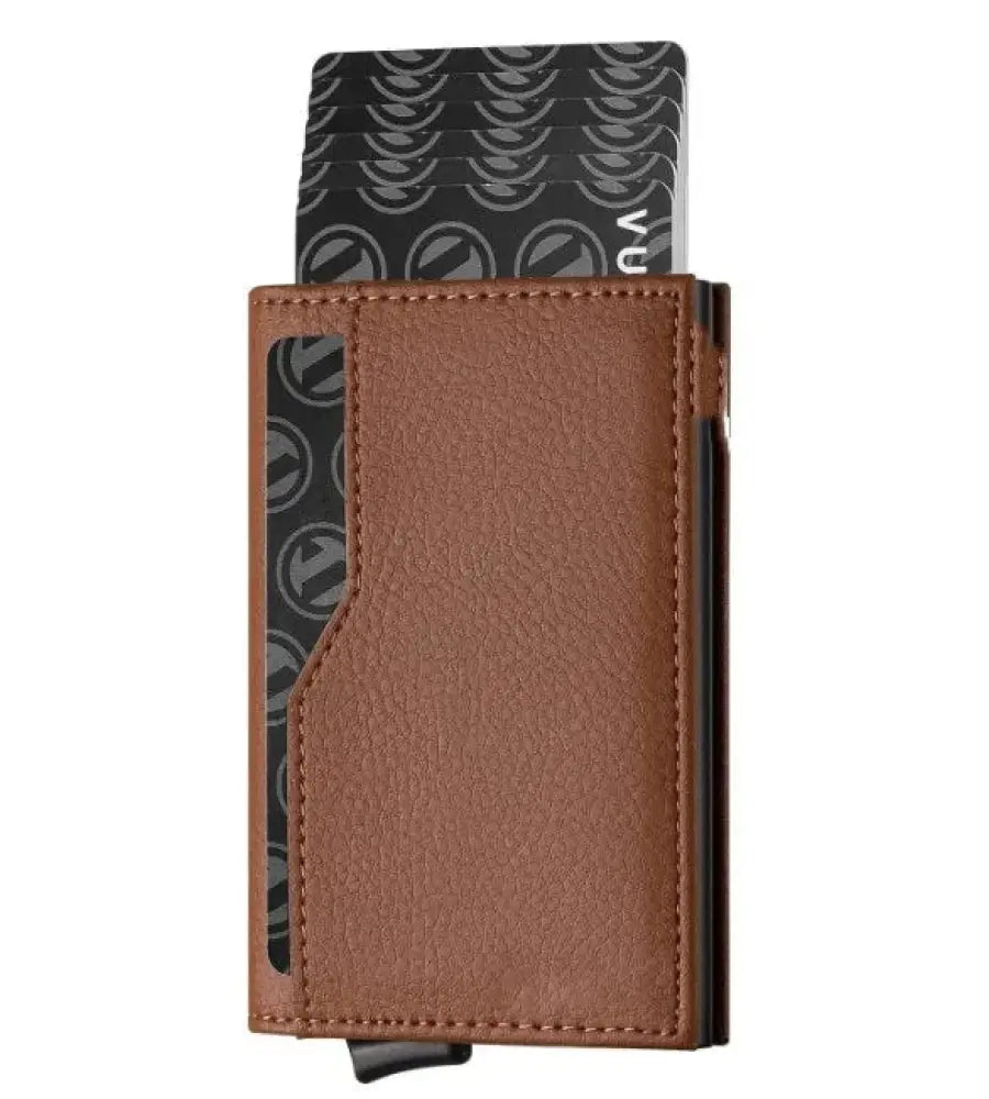 Brown leather rfid blocking patterned slim wallet with a sleek minimalist design and visible stitching