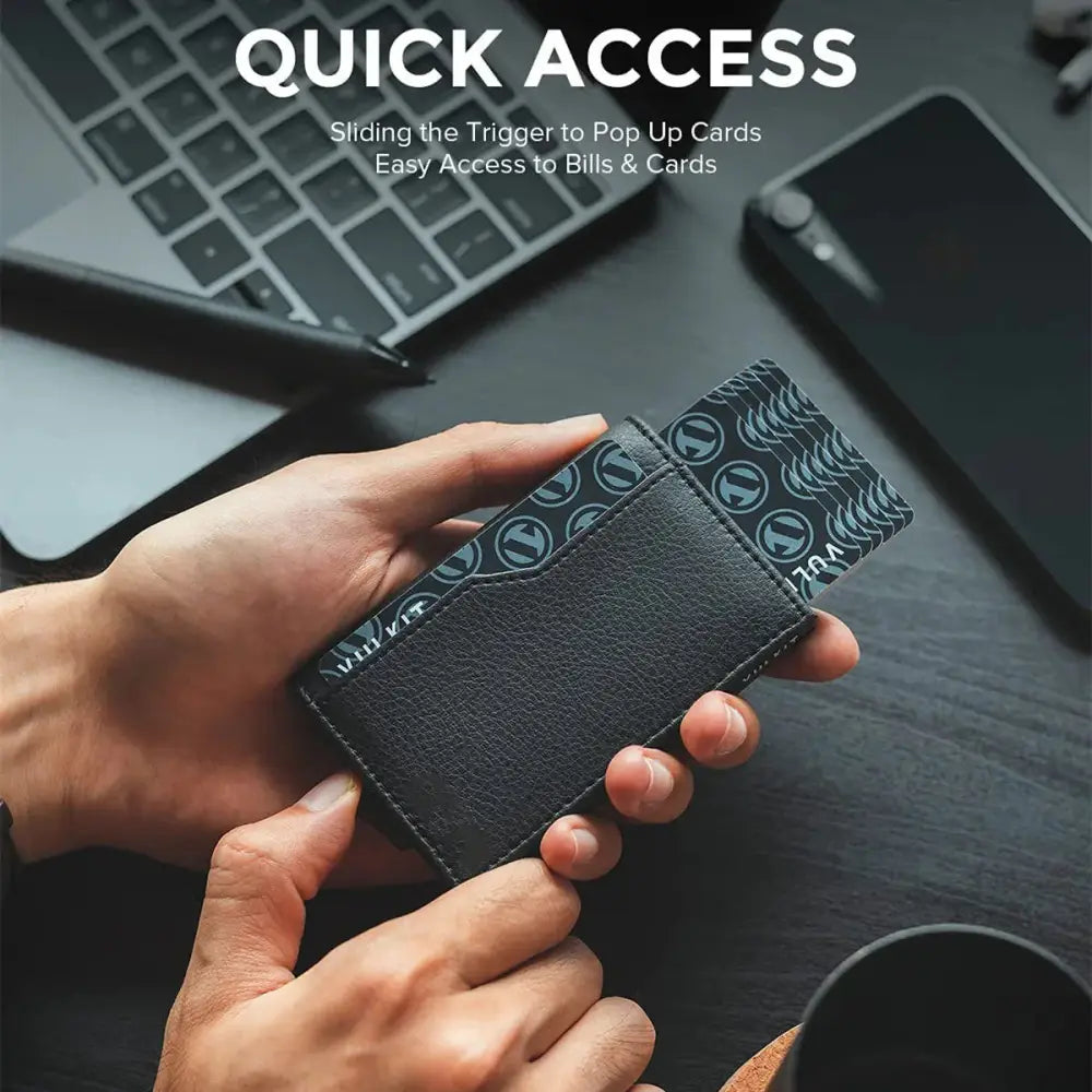 Black leather RFID blocking slim wallet with patterned card slot featuring repeating circular logos