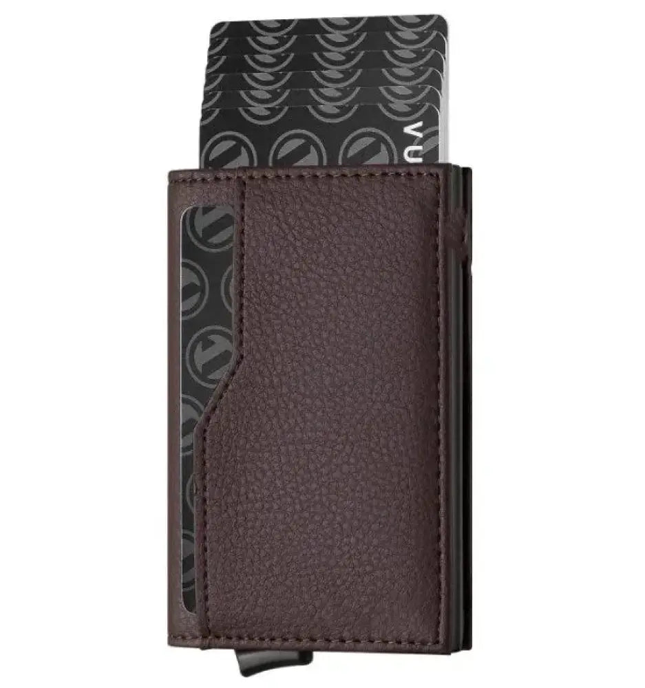 Brown leather rfid blocking patterned slim wallet with sleek minimalist design and magnetic closure