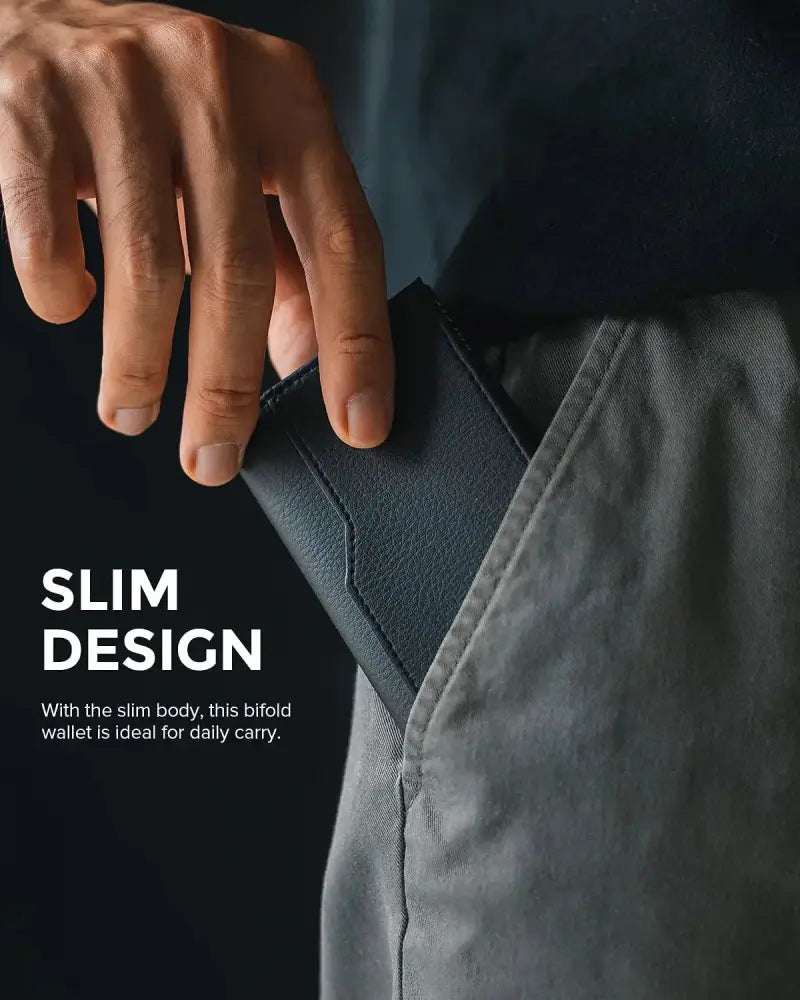 Dark gray leather bifold wallet with slim profile and RFID blocking patterned design for secure card storage