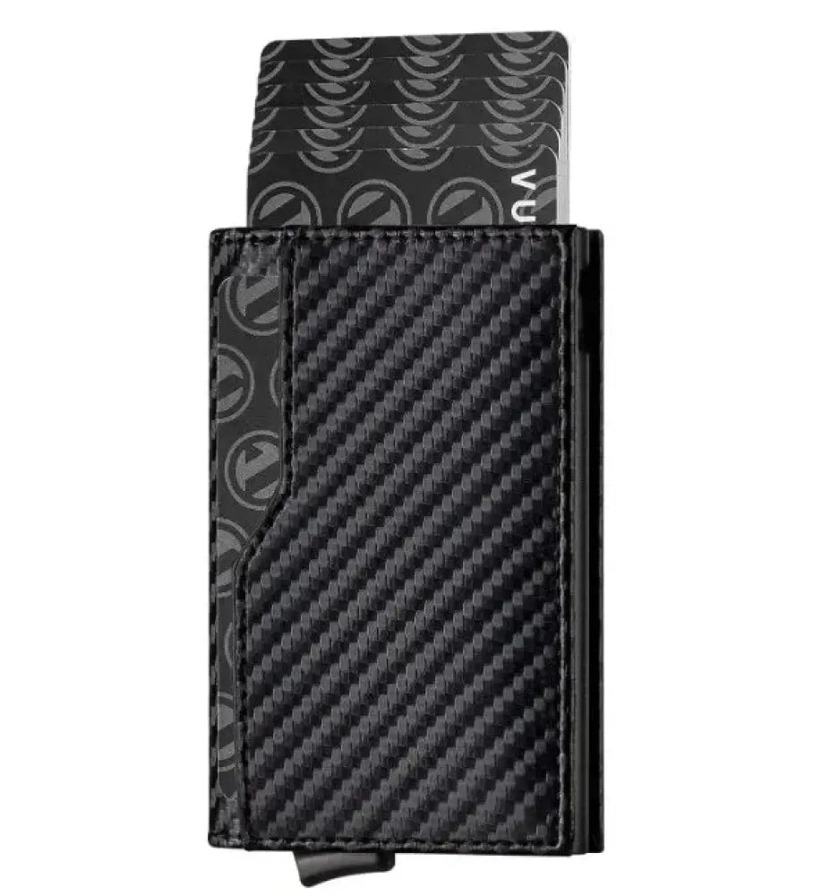 Black carbon fiber textured rfid blocking patterned leather slim wallet with sleek modern design and embossed logo pattern