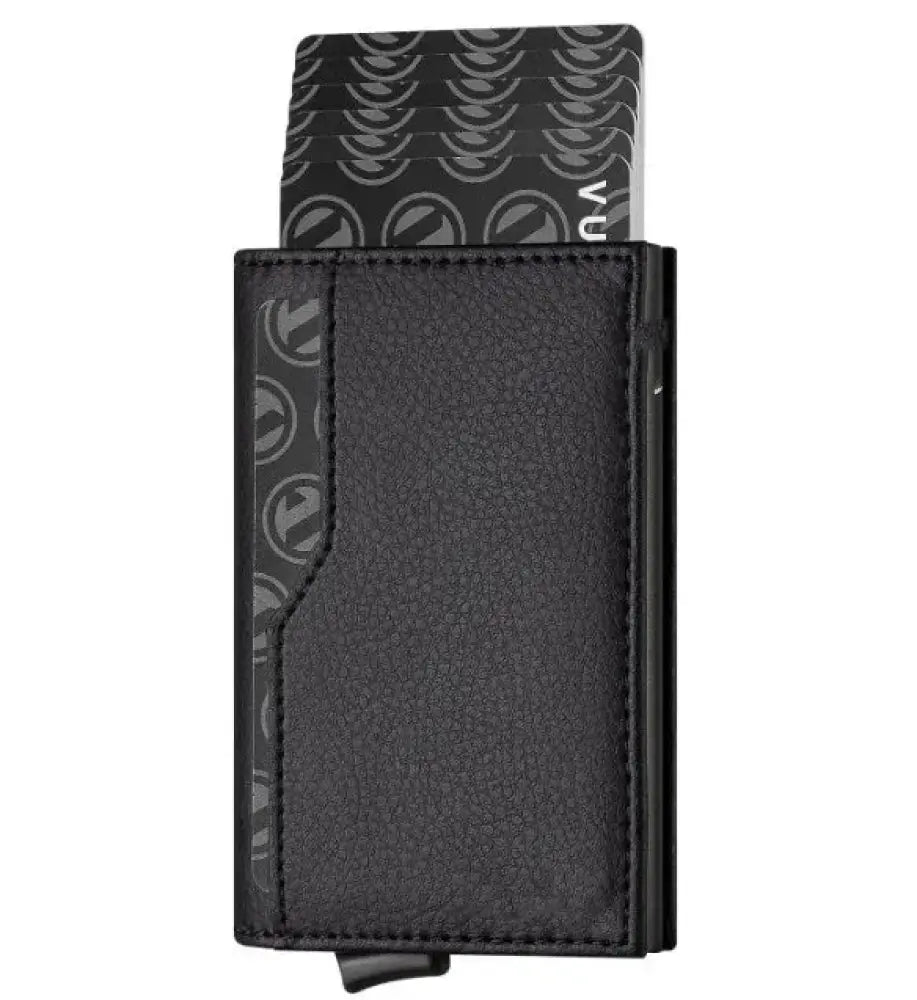 Black textured leather rfid blocking slim wallet with subtle circular logo pattern and sleek magnetic closure