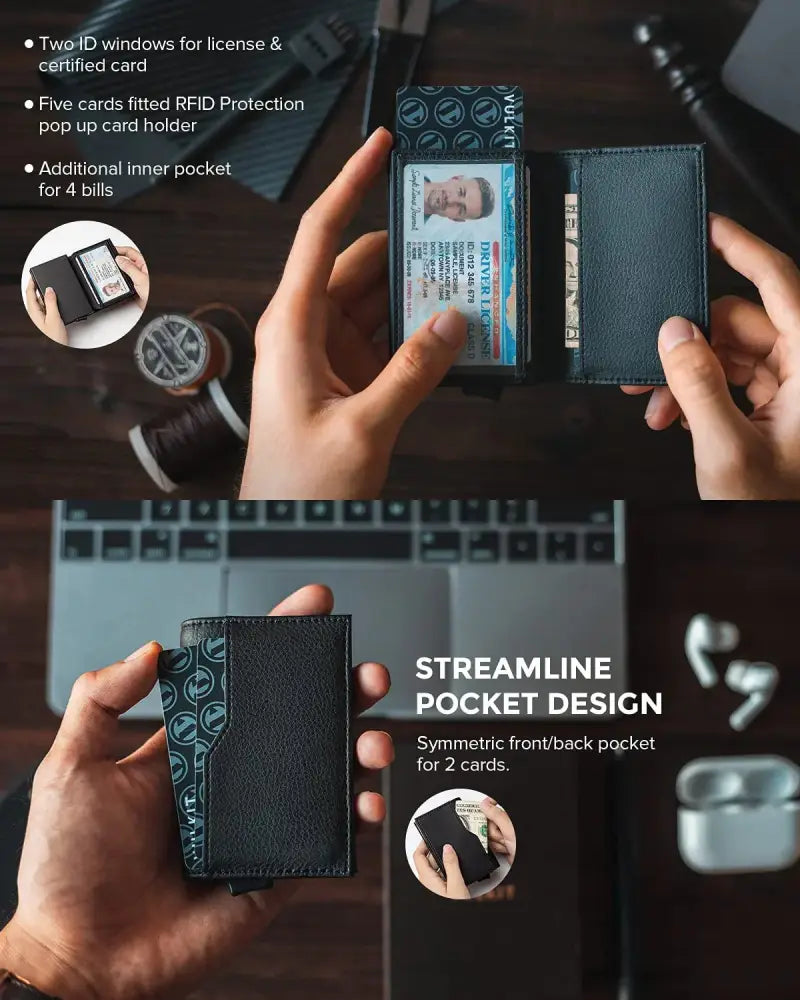 Dark blue leather slim wallet with subtle circular pattern and rfid blocking for secure card protection