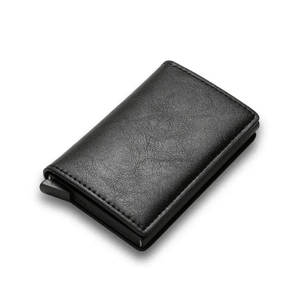 Black leather smart minimalist rfid carbon fiber card holder wallet with visible stitching and sleek design